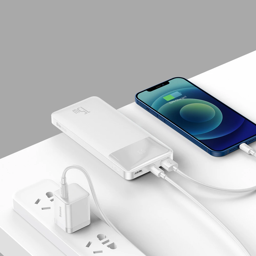 LiPo išorinis akumuliatorius (Powerbank) 10000mAh 15W 5V 3A 2xUSB + USB C Bipow baltas BASEUS