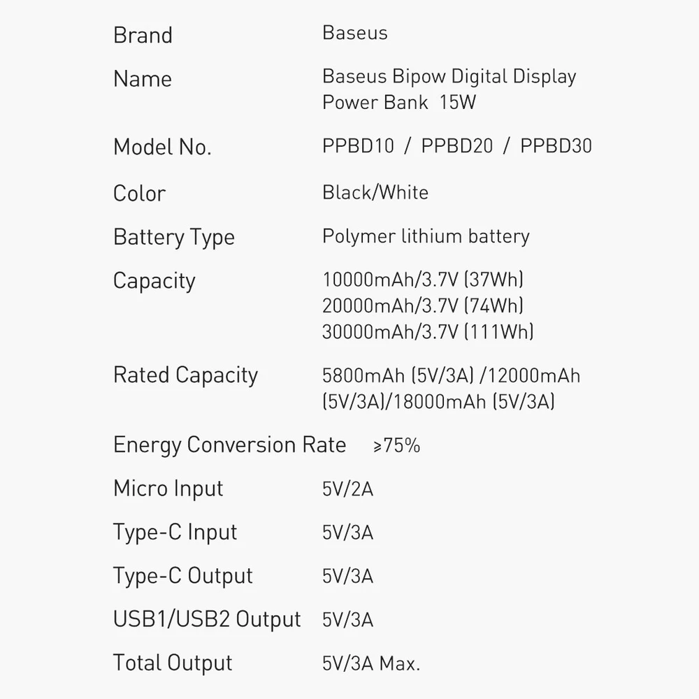 Išorinė baterija Power Bank Baseus Bipow Type-C PD+2xQuick Charge 3.0 15W 30000mAh su ekranu juoda PPBD050201