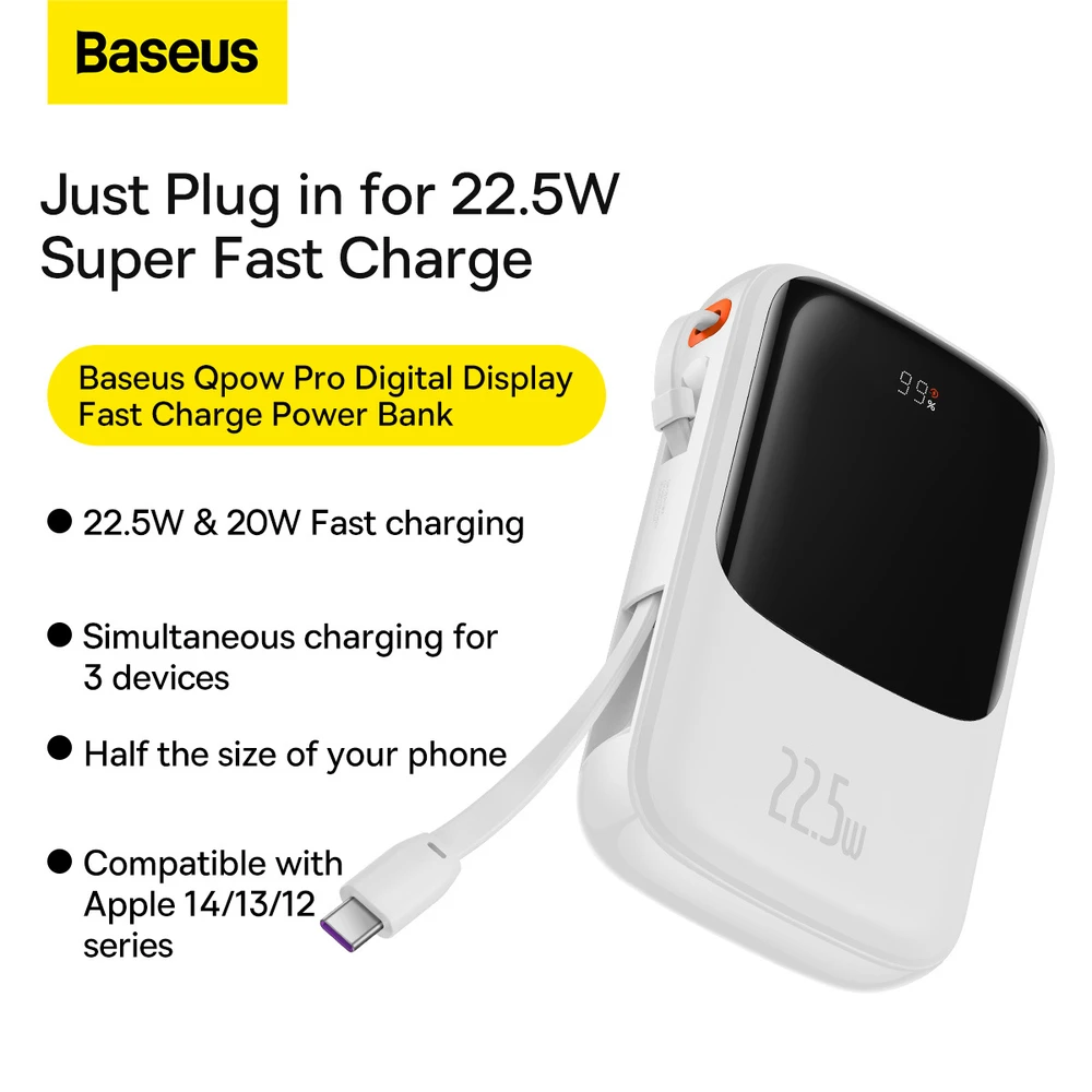 Powerbank Baseus Qpow PRO su kabeliu, 10000mAh, 22.5W (balta)