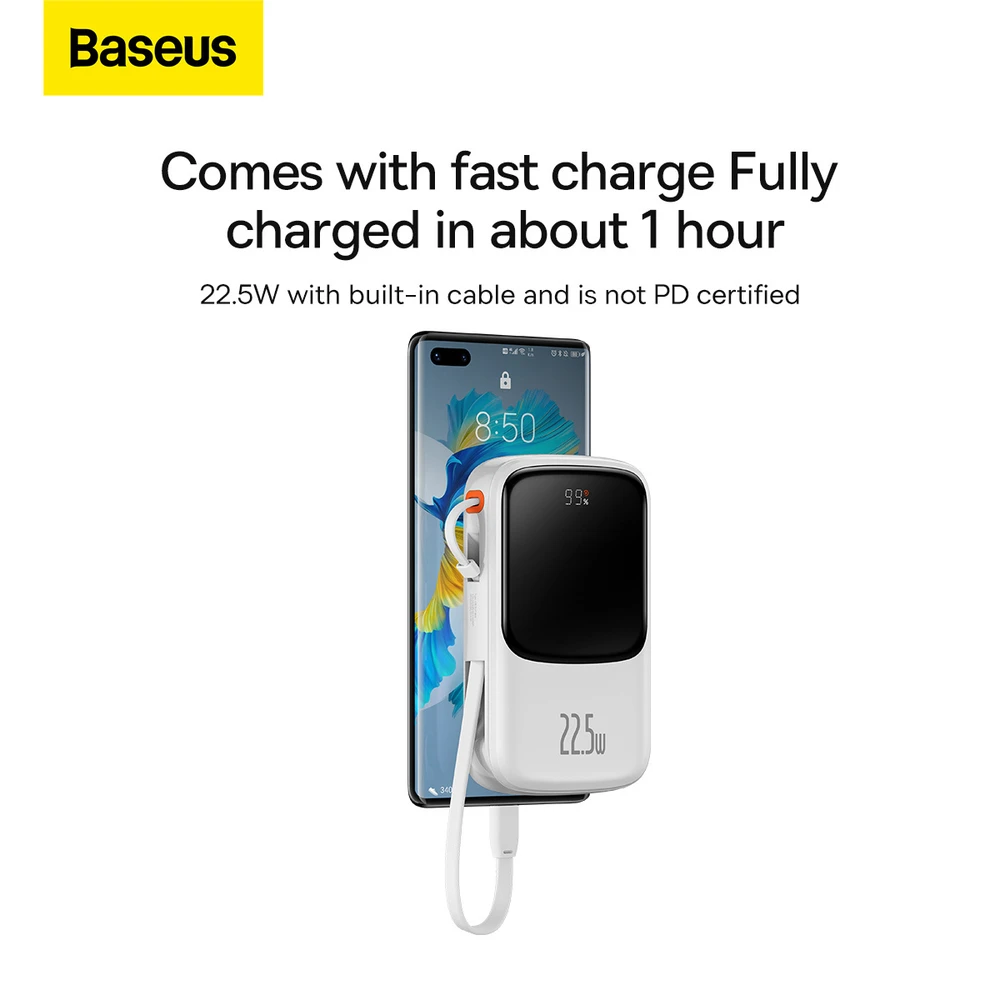 Powerbank Baseus Qpow PRO su kabeliu, 10000mAh, 22.5W (balta)