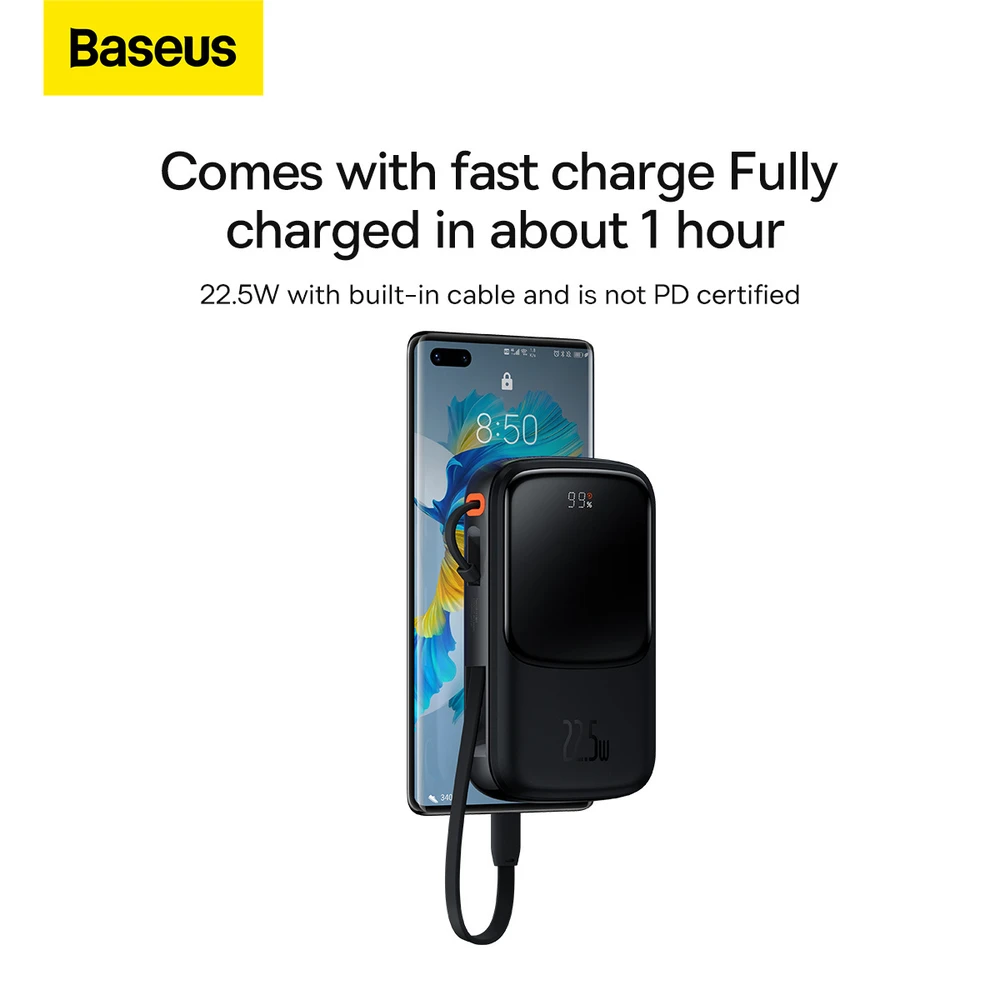 Powerbank Baseus Qpow PRO su laidu, 10000mAh, 22.5W (juodas)