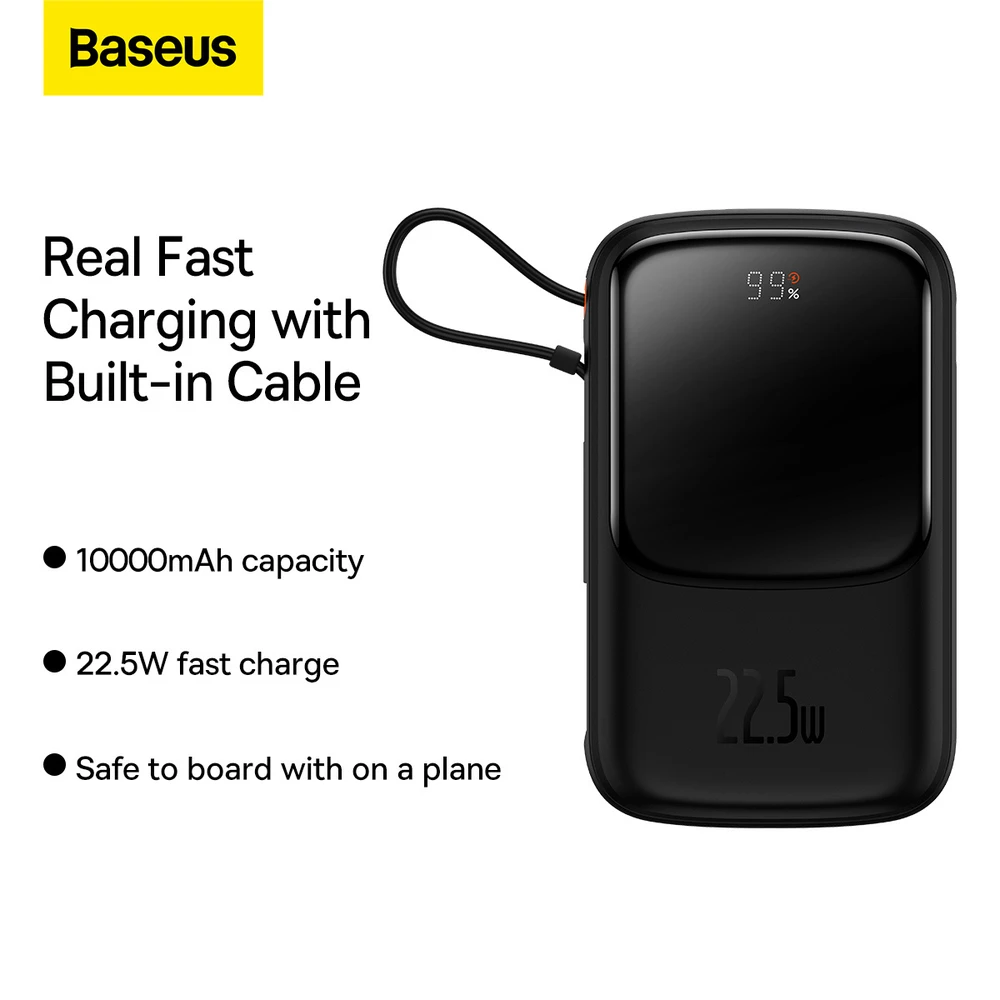 Powerbank Baseus Qpow PRO su laidu, 10000mAh, 22.5W (juodas)