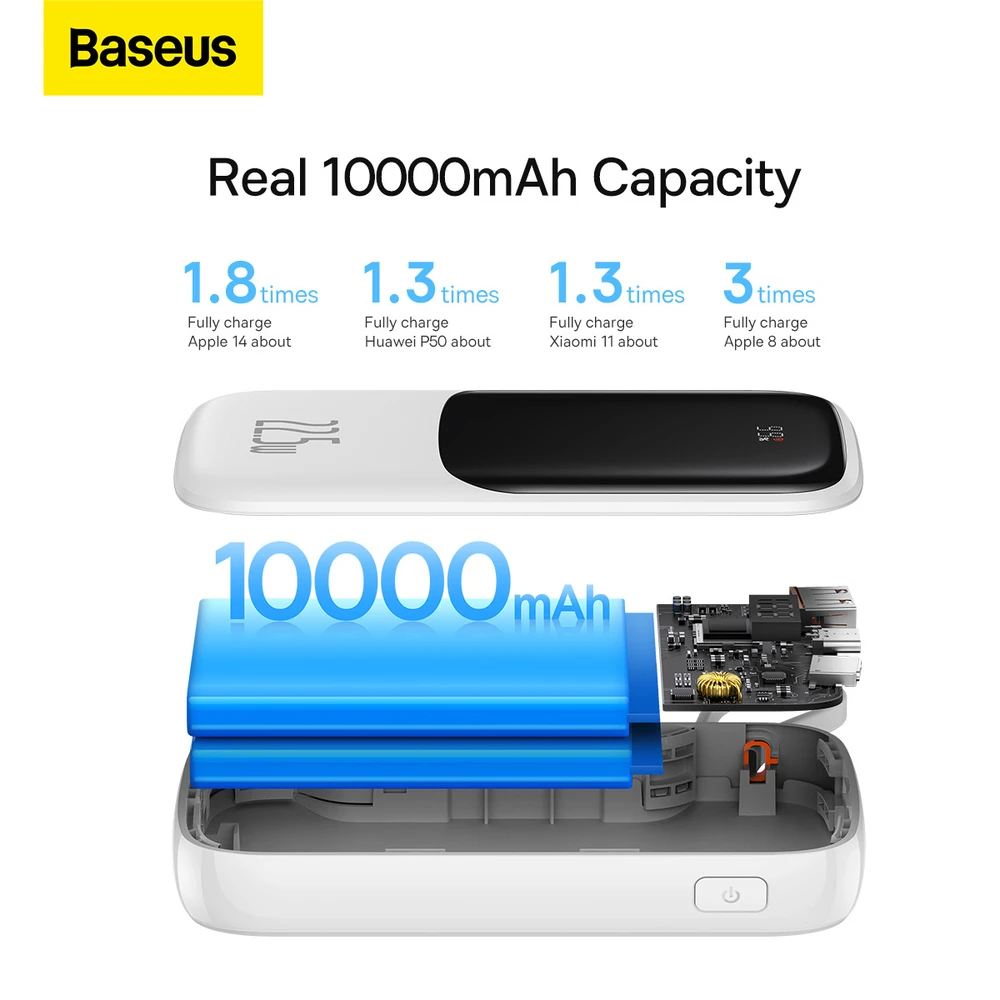 Powerbank Baseus Qpow PRO su kabeliu, 10000mAh, 22.5W (balta)