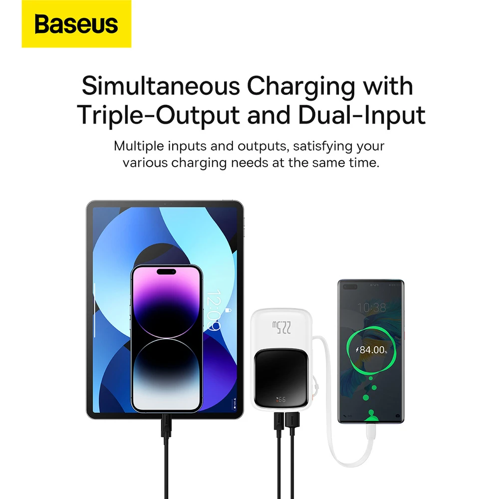 Powerbank Baseus Qpow PRO su kabeliu, 10000mAh, 22.5W (balta)