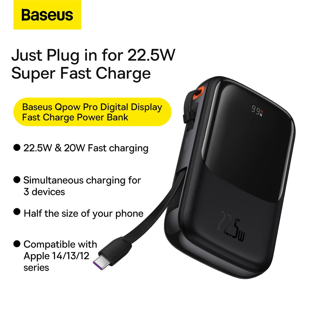 Powerbank Baseus Qpow PRO su laidu, 10000mAh, 22.5W (juodas)