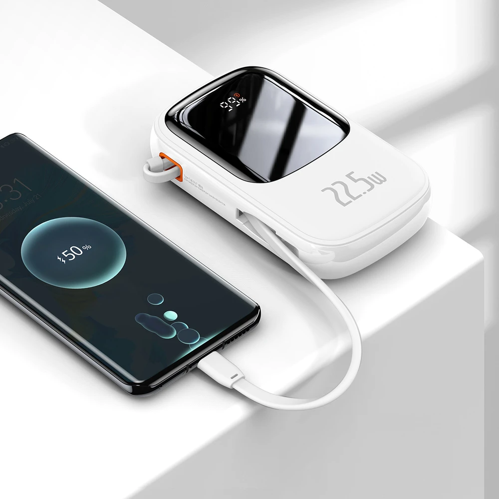 Powerbank Baseus Qpow PRO su laidu, 20000mAh, 22.5W (balta)