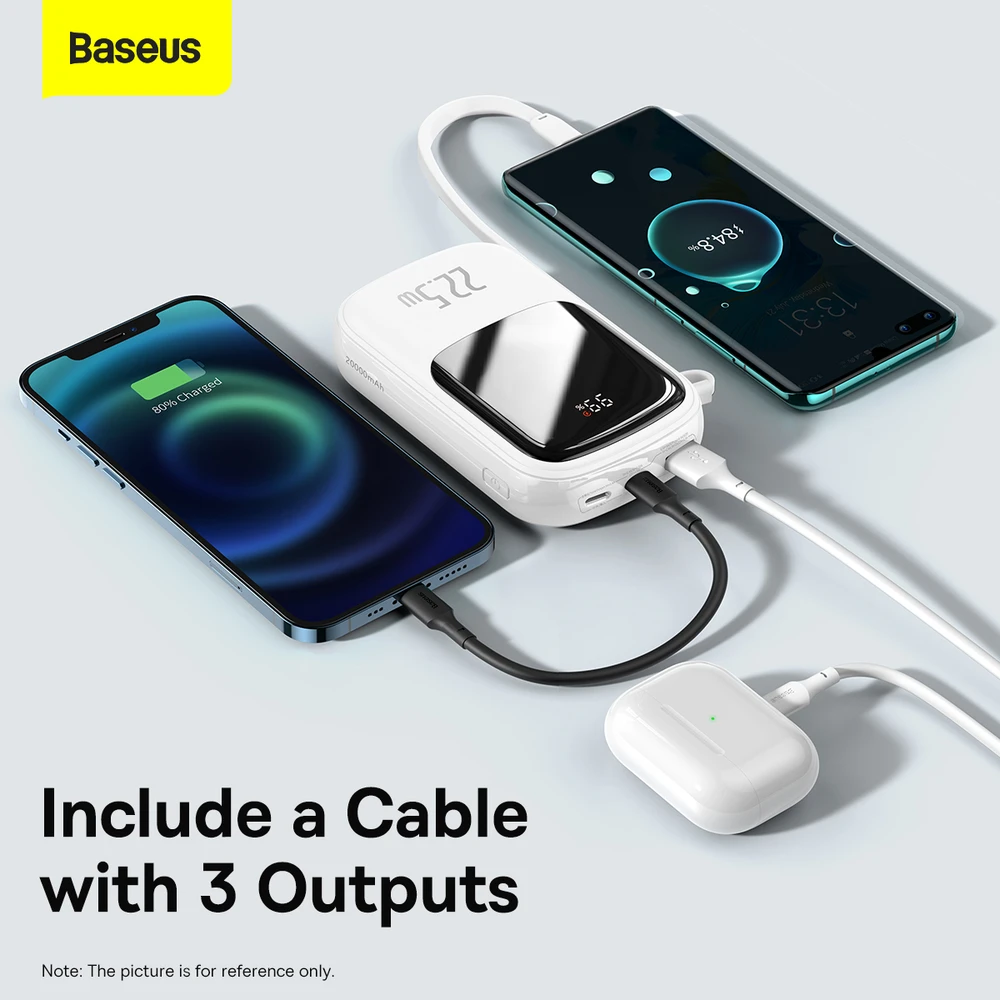 Powerbank Baseus Qpow PRO su laidu, 20000mAh, 22.5W (balta)