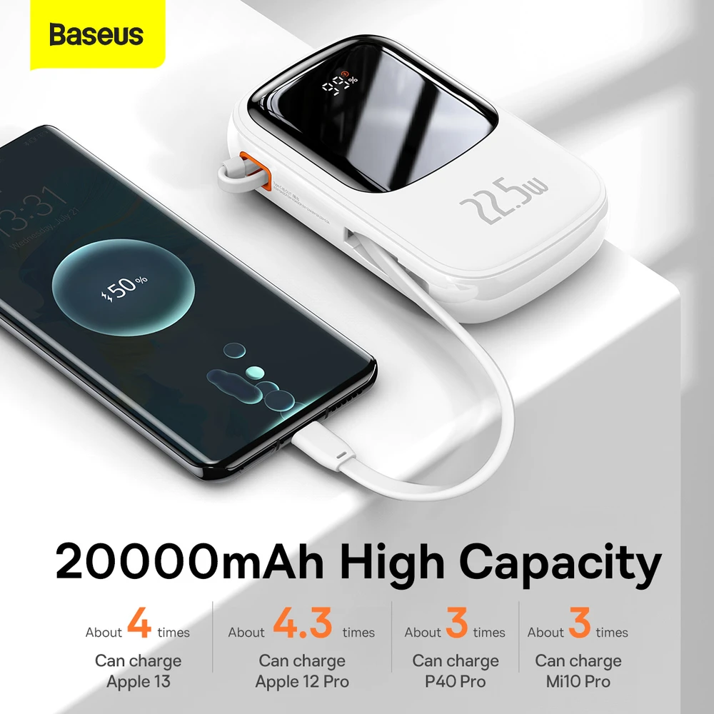 Powerbank Baseus Qpow PRO su laidu, 20000mAh, 22.5W (balta)