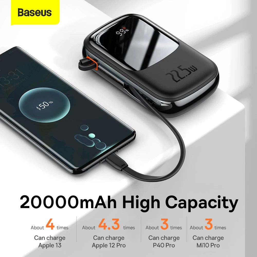 Baseus Qpow PRO Powerbank kabelis, 20000mAh, 22.5W (fekete)