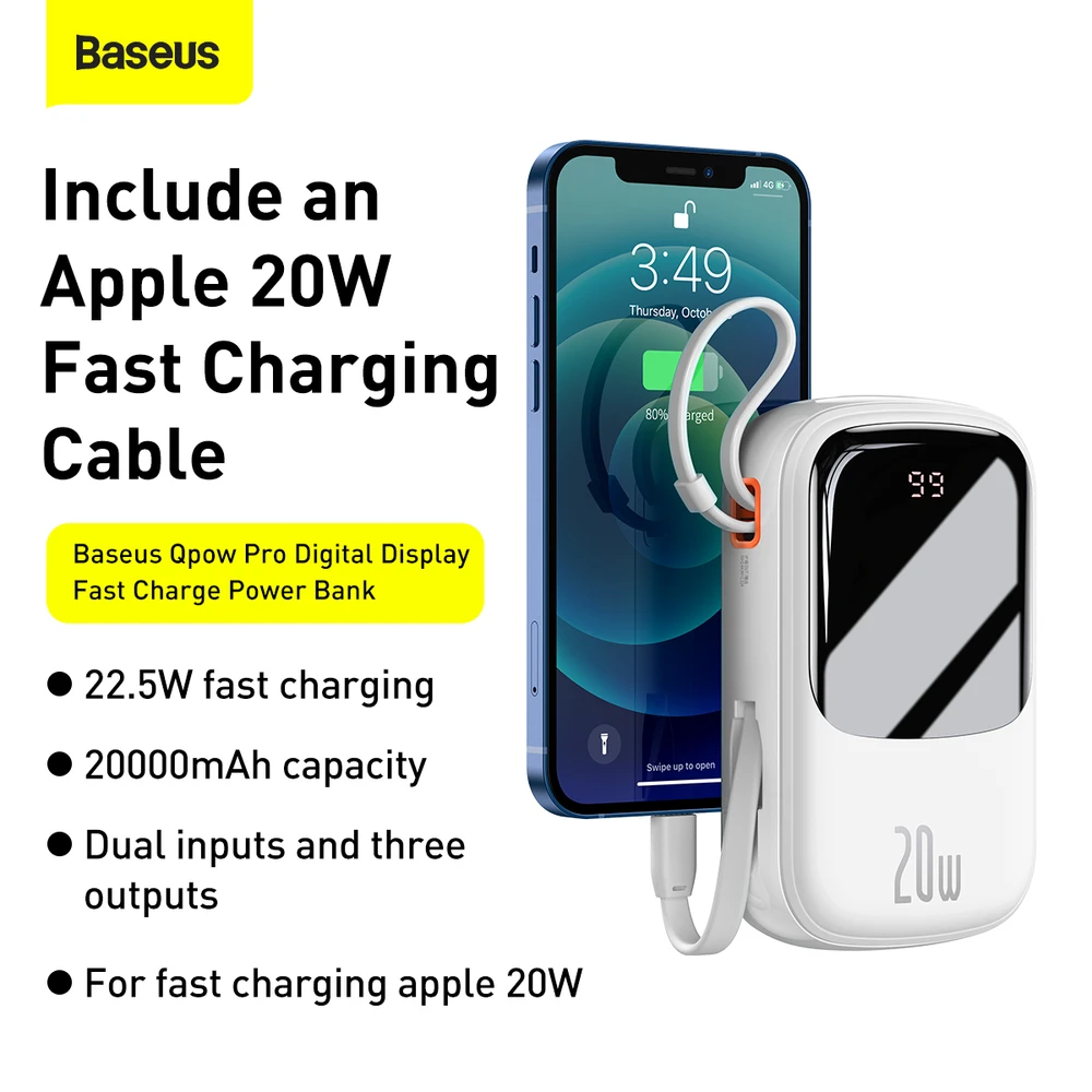 Baseus Qpow PRO Powerbank kabelis, 20000mAh, 20W (balta)