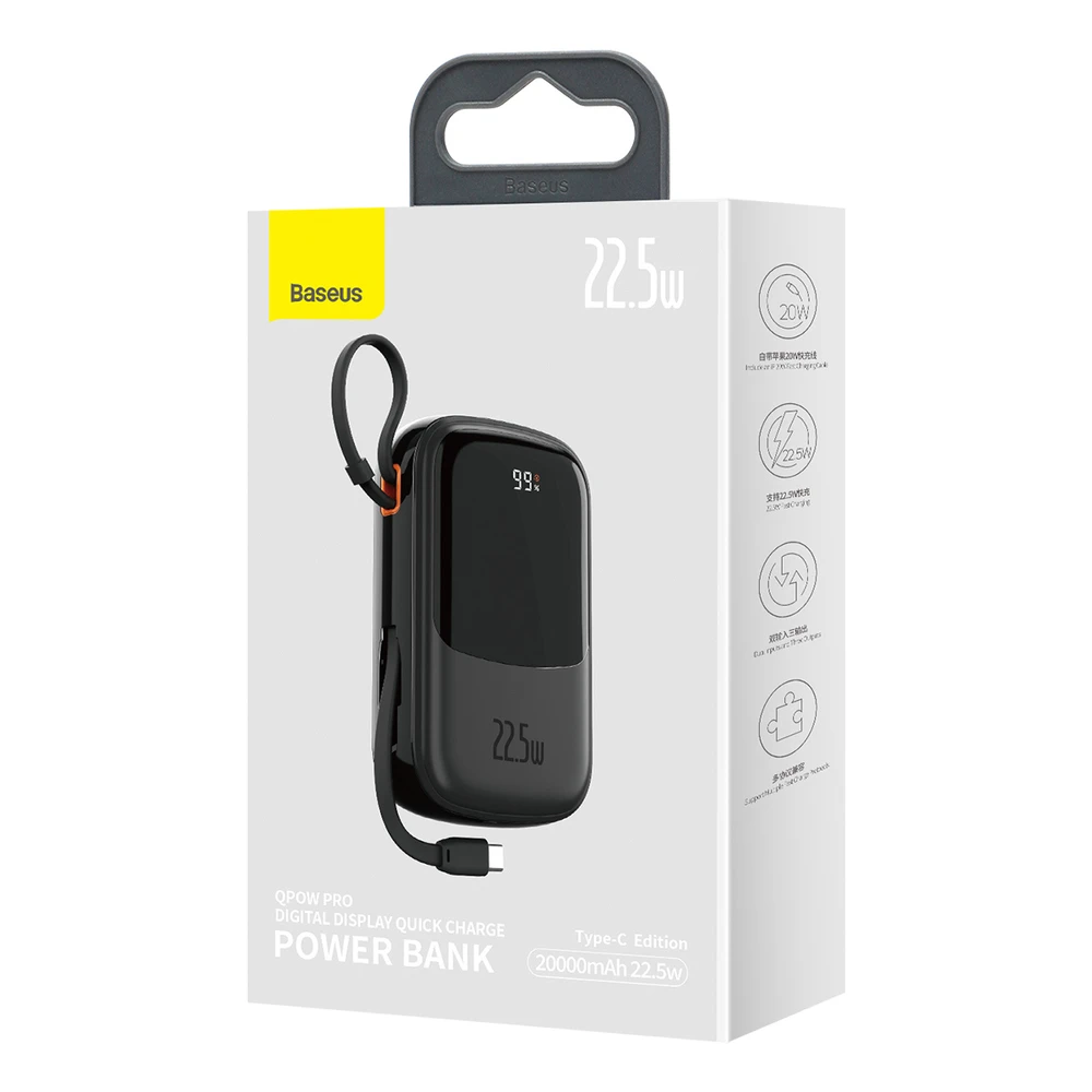 Baseus Qpow PRO Powerbank kabelis, 20000mAh, 22.5W (fekete)