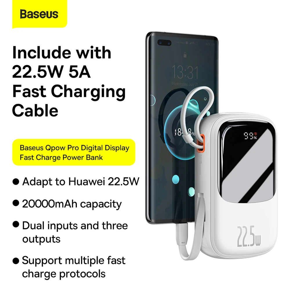 Powerbank Baseus Qpow PRO su laidu, 20000mAh, 22.5W (balta)