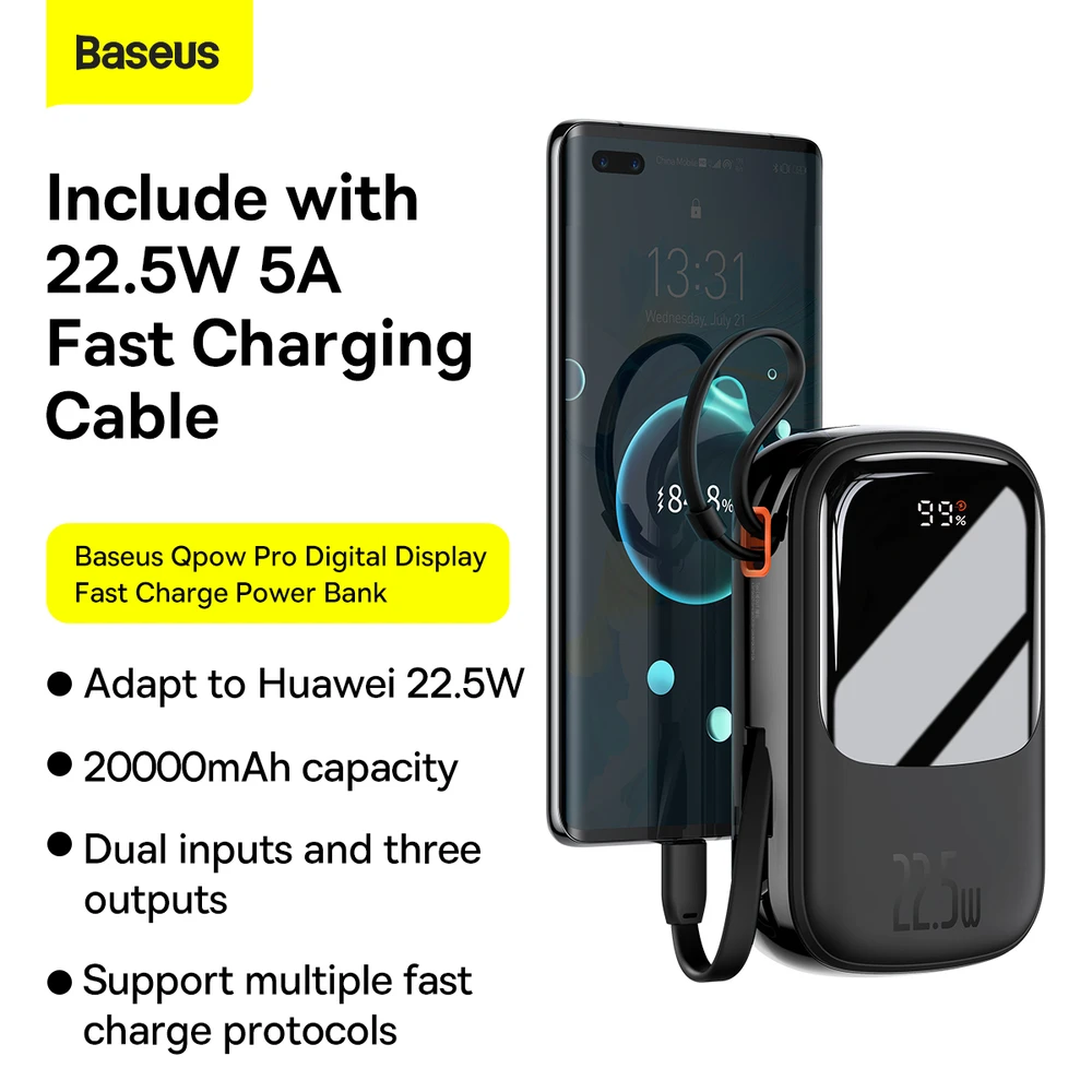 Baseus Qpow PRO Powerbank kabelis, 20000mAh, 22.5W (fekete)