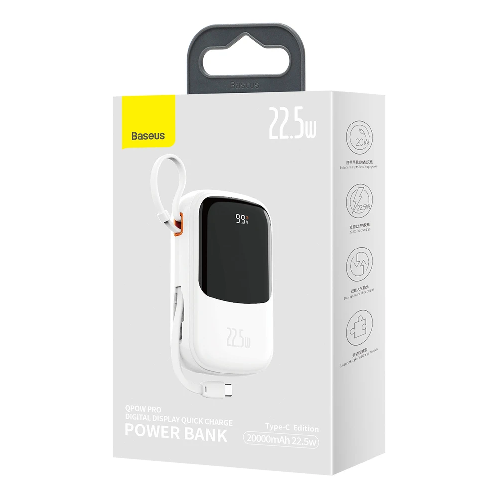 Powerbank Baseus Qpow PRO su laidu, 20000mAh, 22.5W (balta)
