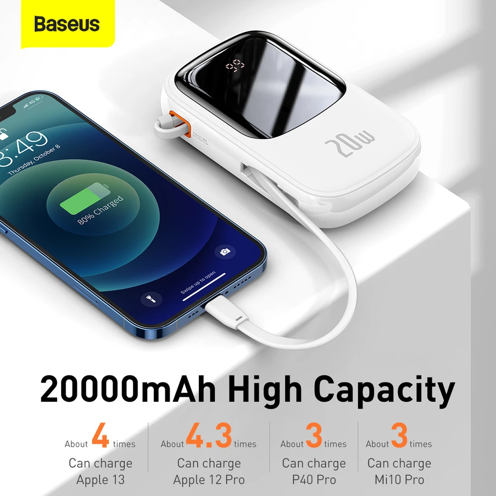 Baseus Qpow PRO Powerbank kabelis, 20000mAh, 20W (balta)