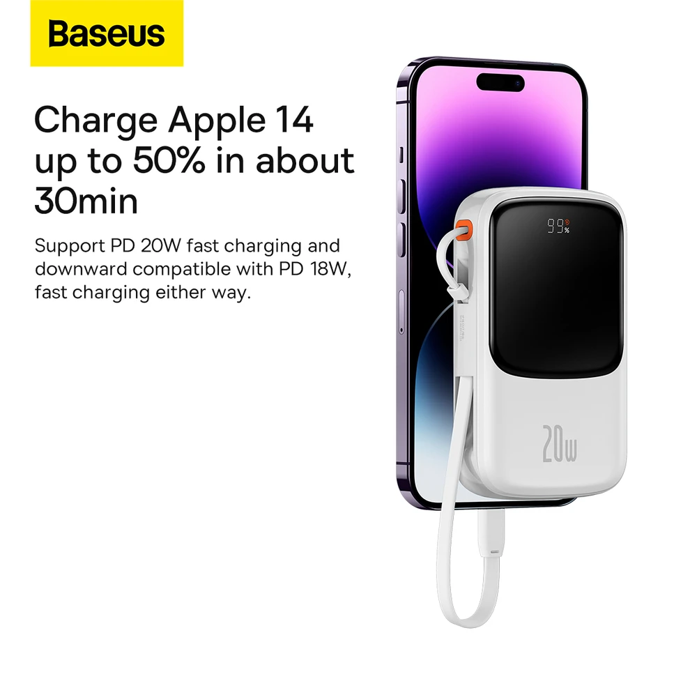 Powerbank Baseus Qpow PRO su laidu, USB-C, 2xUSB, 10000mAh, 20W (balta)