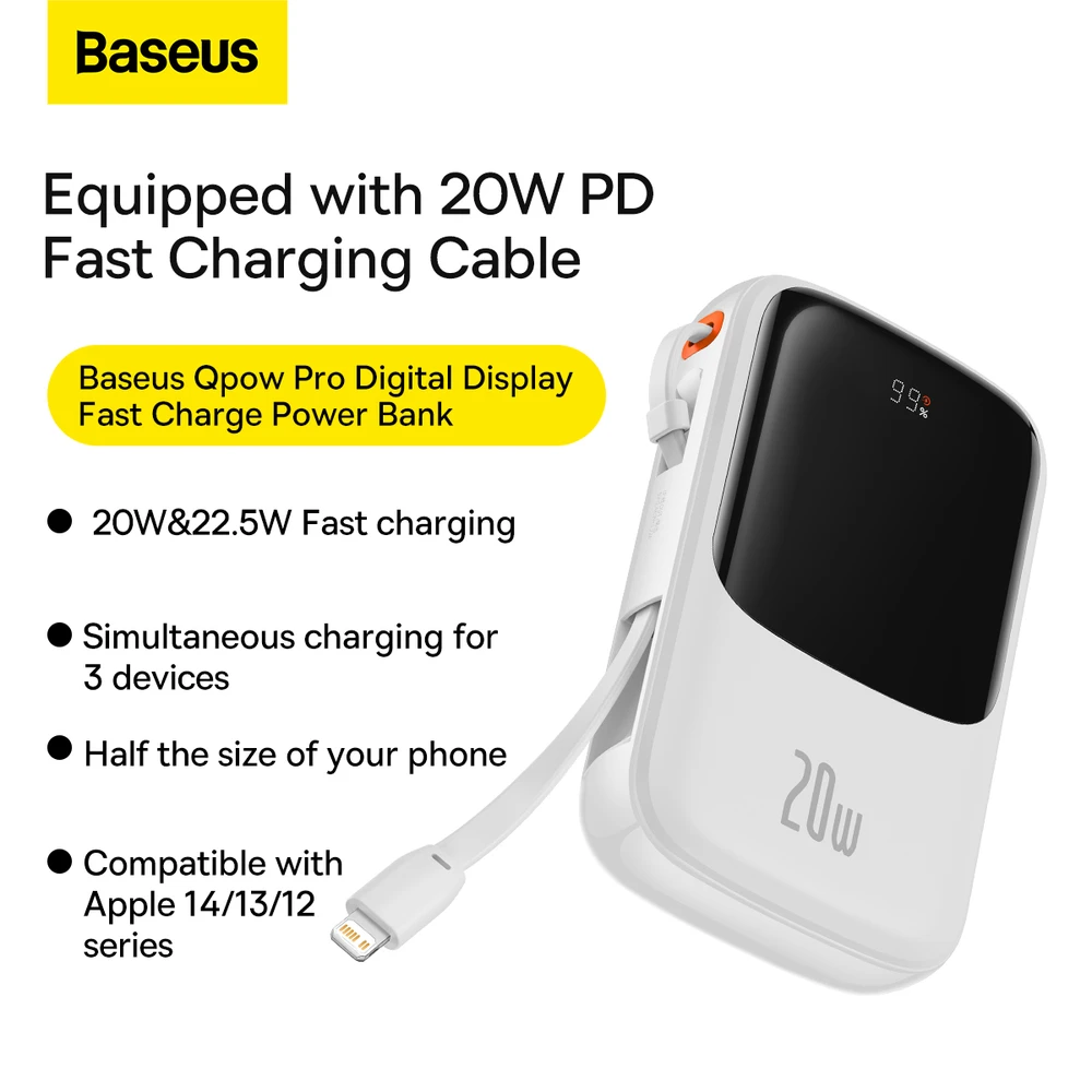 Powerbank Baseus Qpow PRO su laidu, USB-C, 2xUSB, 10000mAh, 20W (balta)