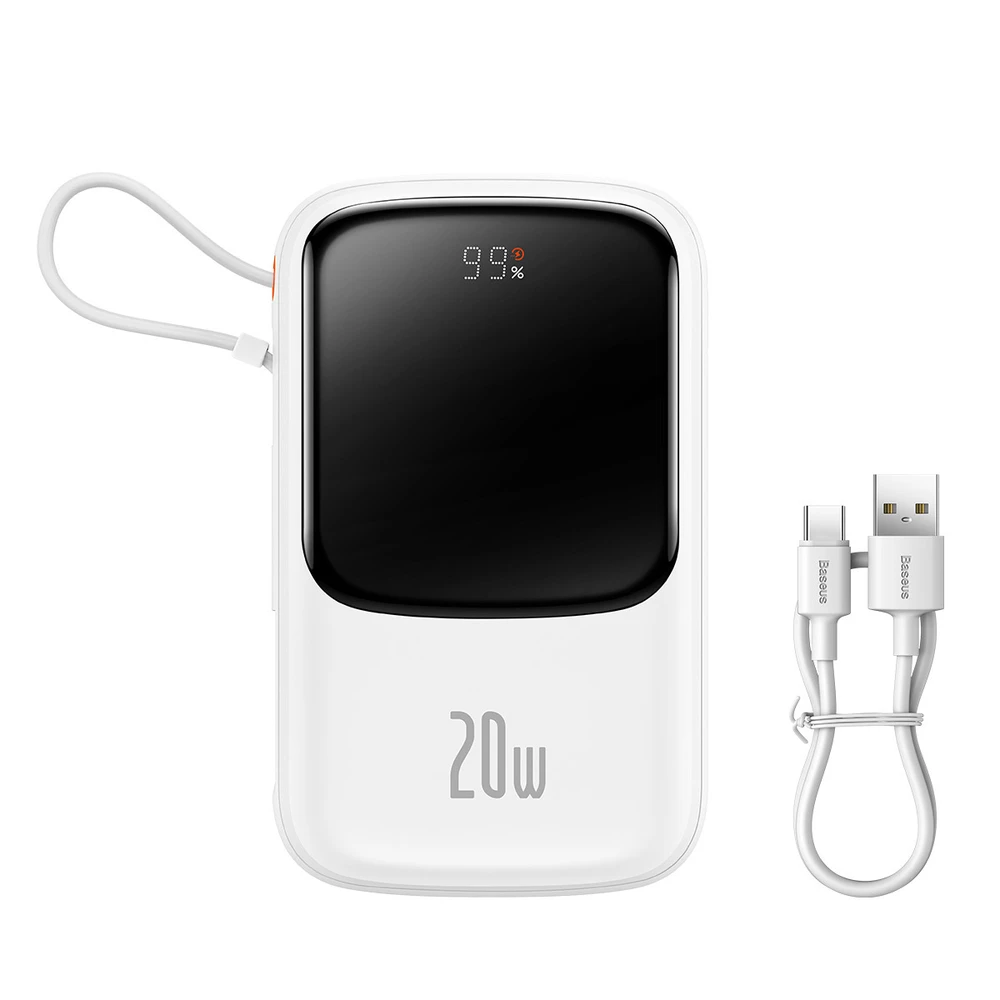 Powerbank Baseus Qpow PRO su laidu, USB-C, 2xUSB, 10000mAh, 20W (balta)