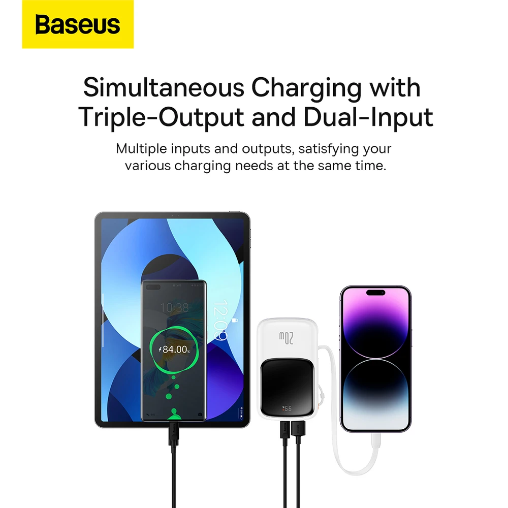 Powerbank Baseus Qpow PRO su laidu, USB-C, 2xUSB, 10000mAh, 20W (balta)