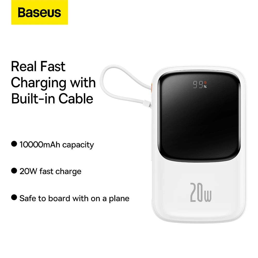 Powerbank Baseus Qpow PRO su laidu, USB-C, 2xUSB, 10000mAh, 20W (balta)