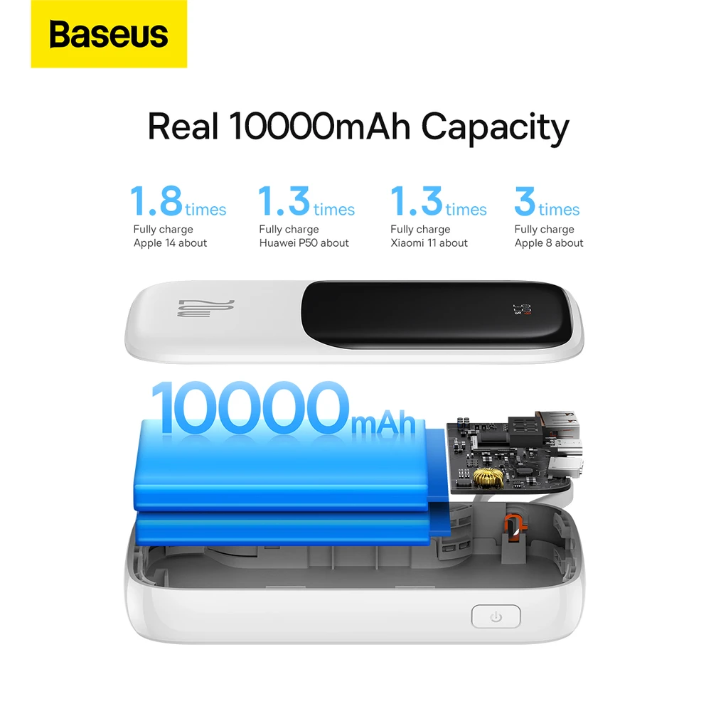 Powerbank Baseus Qpow PRO su laidu, USB-C, 2xUSB, 10000mAh, 20W (balta)