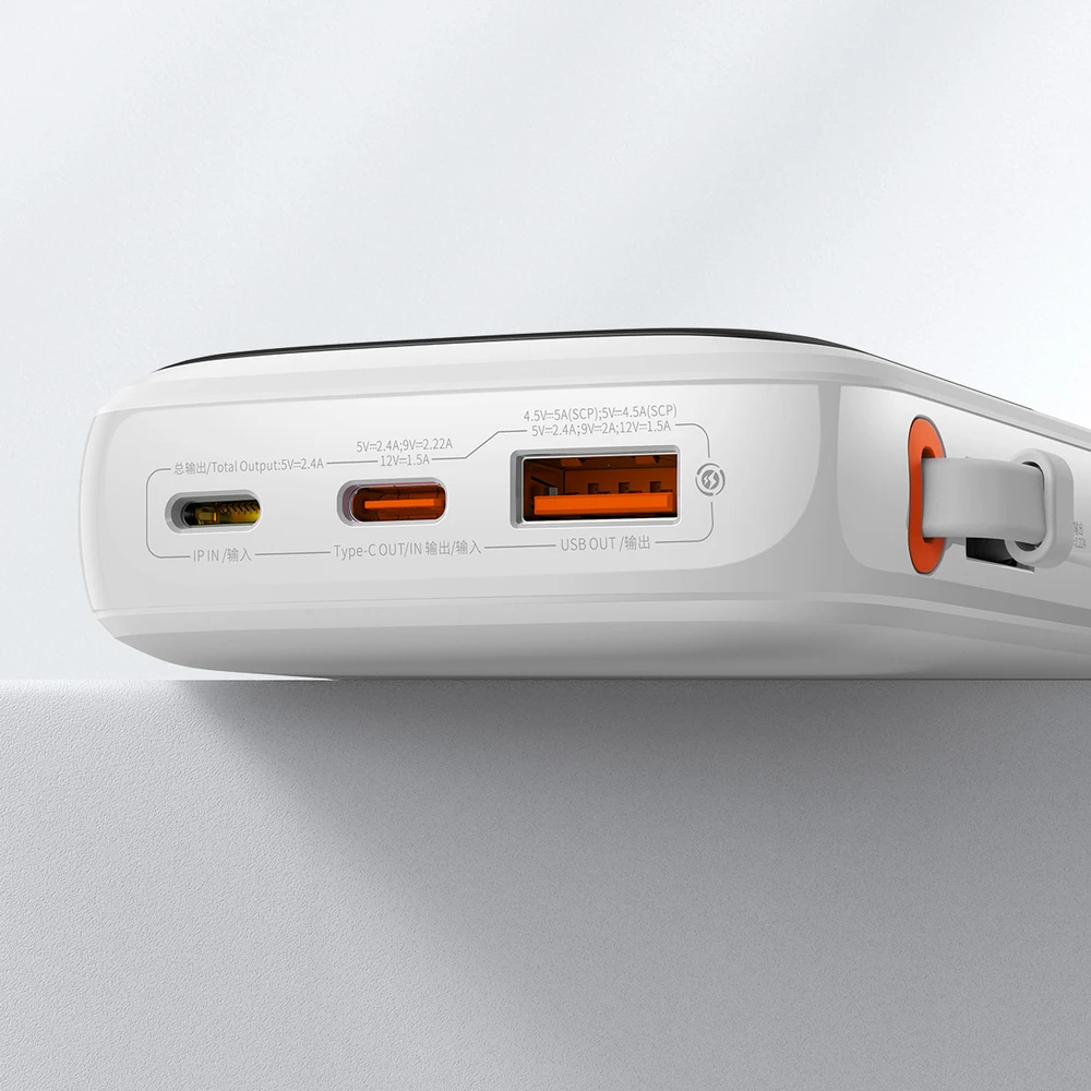 Powerbank Baseus Qpow PRO su laidu, USB-C, 2xUSB, 10000mAh, 20W (balta)