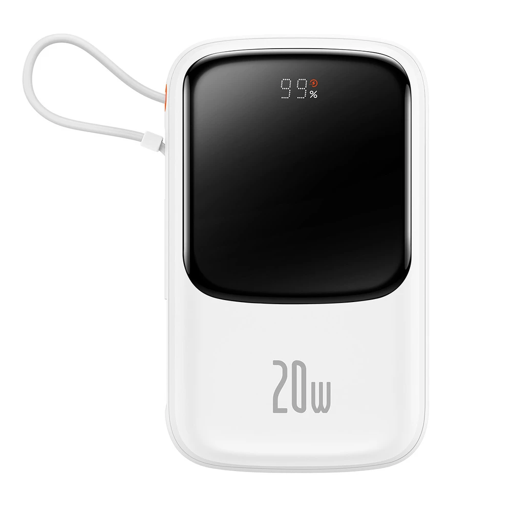 Powerbank Baseus Qpow PRO su laidu, USB-C, 2xUSB, 10000mAh, 20W (balta)