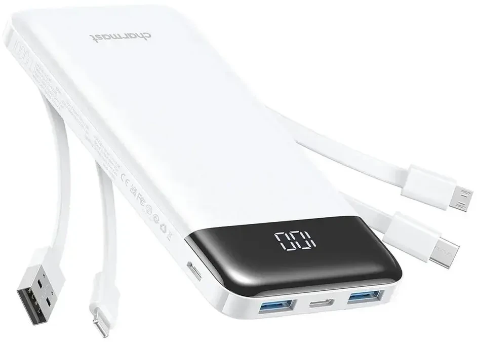 Powerbank Charmast W1148 5V 3A 10000 mAh with built-in cables USB A / USB C / Lightning / Micro USB Baltas
