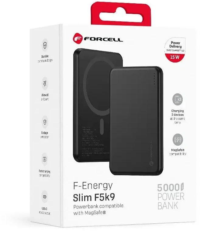 Powerbank compatible with MagSafe Forcell F-Energy Slim F5K9 QC4.0 PD3.0 15W 5000 mAh juodas