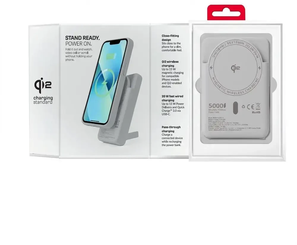 Powerbank compatible with MagSafe Forcell F-Energy MagStand QI2 F5K10 QC3.0 PD3.0 20W 5000 mAh baltas