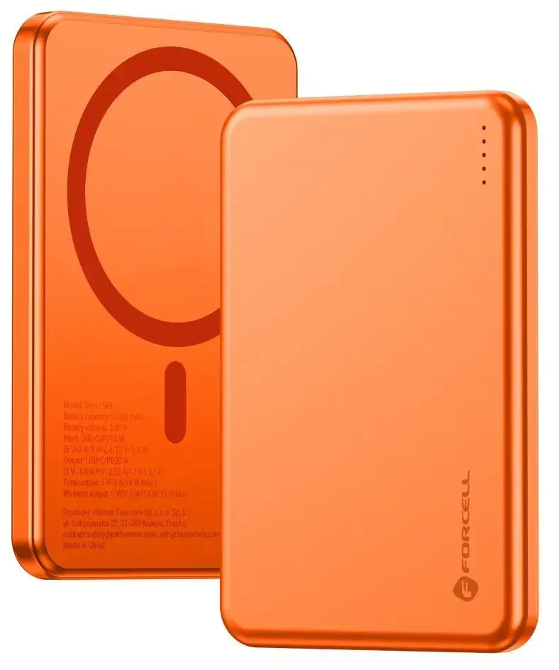 Powerbank compatible with MagSafe Forcell F-Energy Slim F5K9 QC4.0 PD3.0 15W 5000 mAh oranžinis