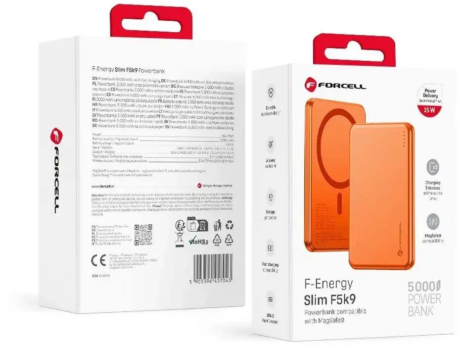 Powerbank compatible with MagSafe Forcell F-Energy Slim F5K9 QC4.0 PD3.0 15W 5000 mAh oranžinis