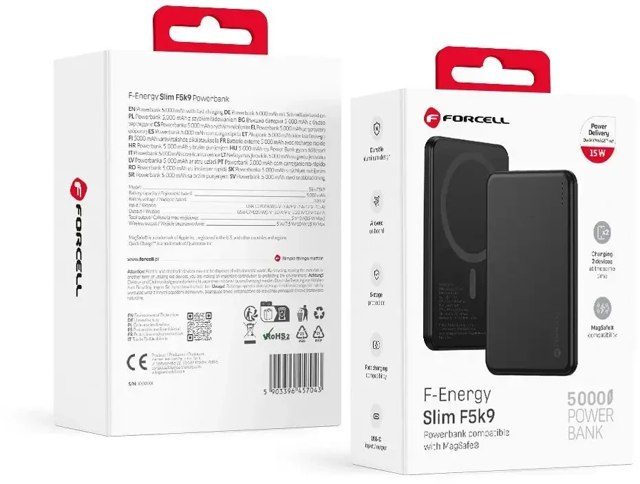 Powerbank compatible with MagSafe Forcell F-Energy Slim F5K9 QC4.0 PD3.0 15W 5000 mAh juodas