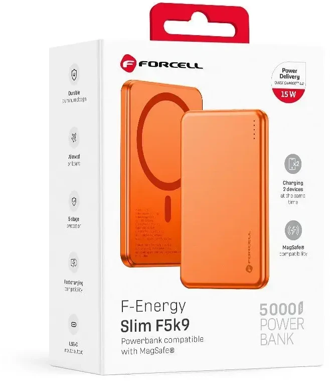 Powerbank compatible with MagSafe Forcell F-Energy Slim F5K9 QC4.0 PD3.0 15W 5000 mAh oranžinis