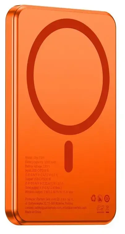 Powerbank compatible with MagSafe Forcell F-Energy Slim F5K9 QC4.0 PD3.0 15W 5000 mAh oranžinis