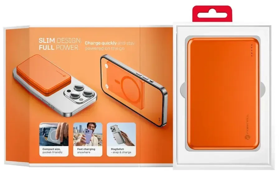 Powerbank compatible with MagSafe Forcell F-Energy Slim F5K9 QC4.0 PD3.0 15W 5000 mAh oranžinis