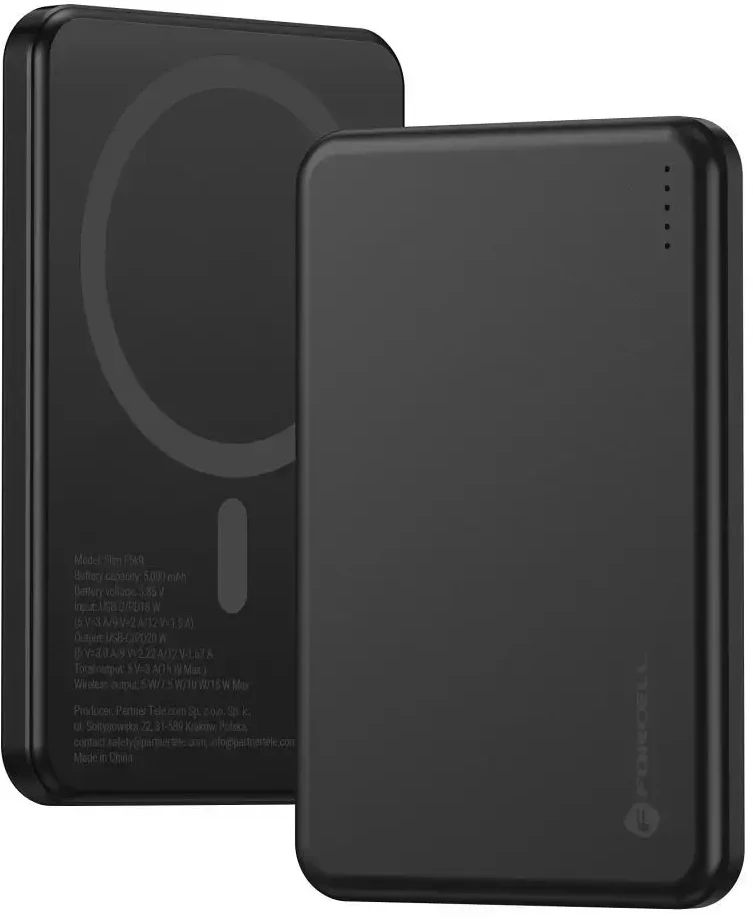 Powerbank compatible with MagSafe Forcell F-Energy Slim F5K9 QC4.0 PD3.0 15W 5000 mAh juodas