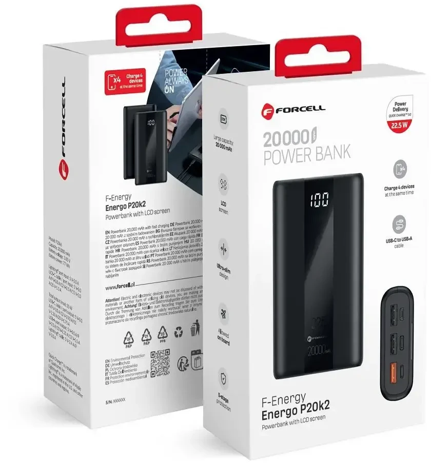 Nešiojamoji baterija Forcell F-Energy Energo P20K2 QC3.0 PD 3A 22,5W 20000 mAh juoda
