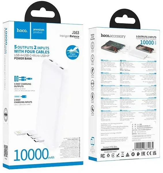 Nešiojamas įkroviklis Hoco 10000 mAh 2A su keturiais įmontuotais kabeliais USB A + USB C + Lightning + Micro USB J163 baltas