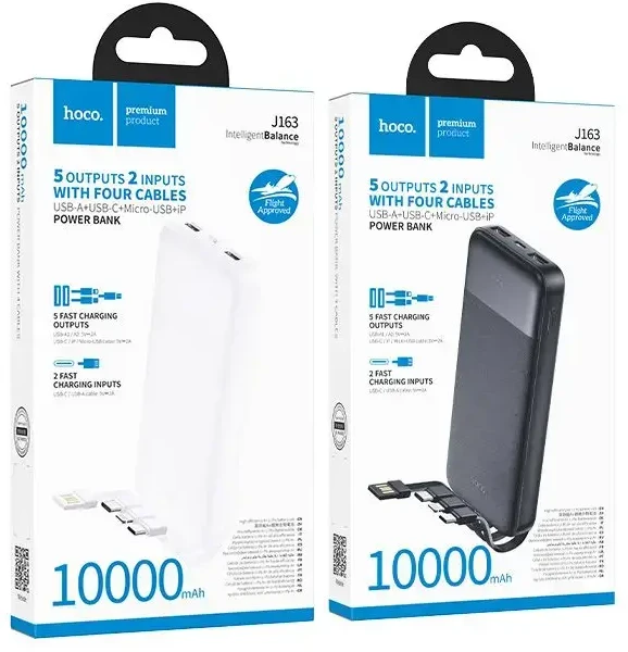 Nešiojamas įkroviklis Hoco 10000 mAh 2A su keturiais įmontuotais kabeliais USB A + USB C + Lightning + Micro USB J163 baltas