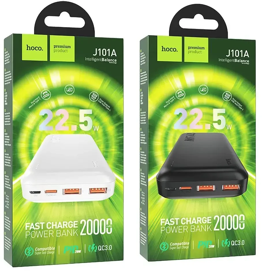 Išorinė baterija Power Bank Hoco J101A PD 20W+Quick Charge 3.0 22.5W 20000mAh balta