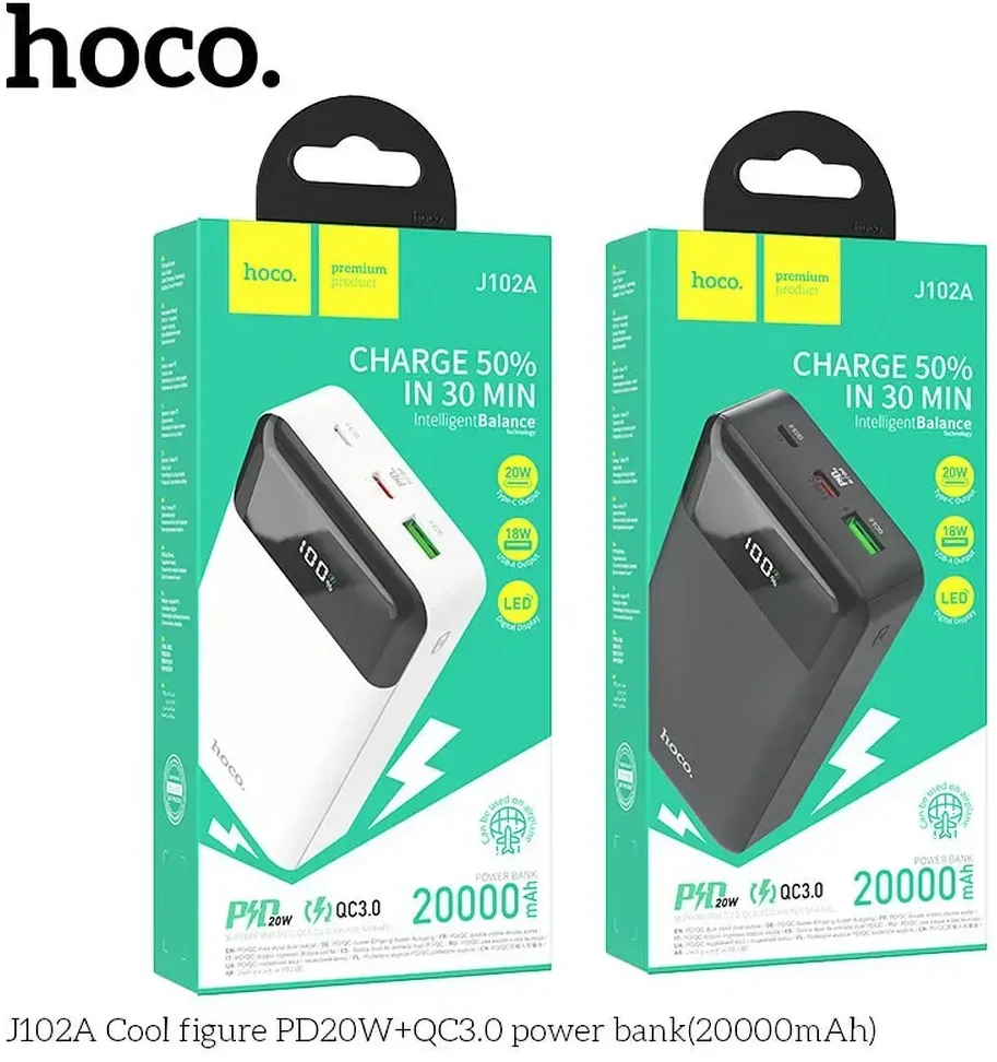 Išorinė baterija Power Bank Hoco J102A PD20W+QC3.0 20000mAh juodas