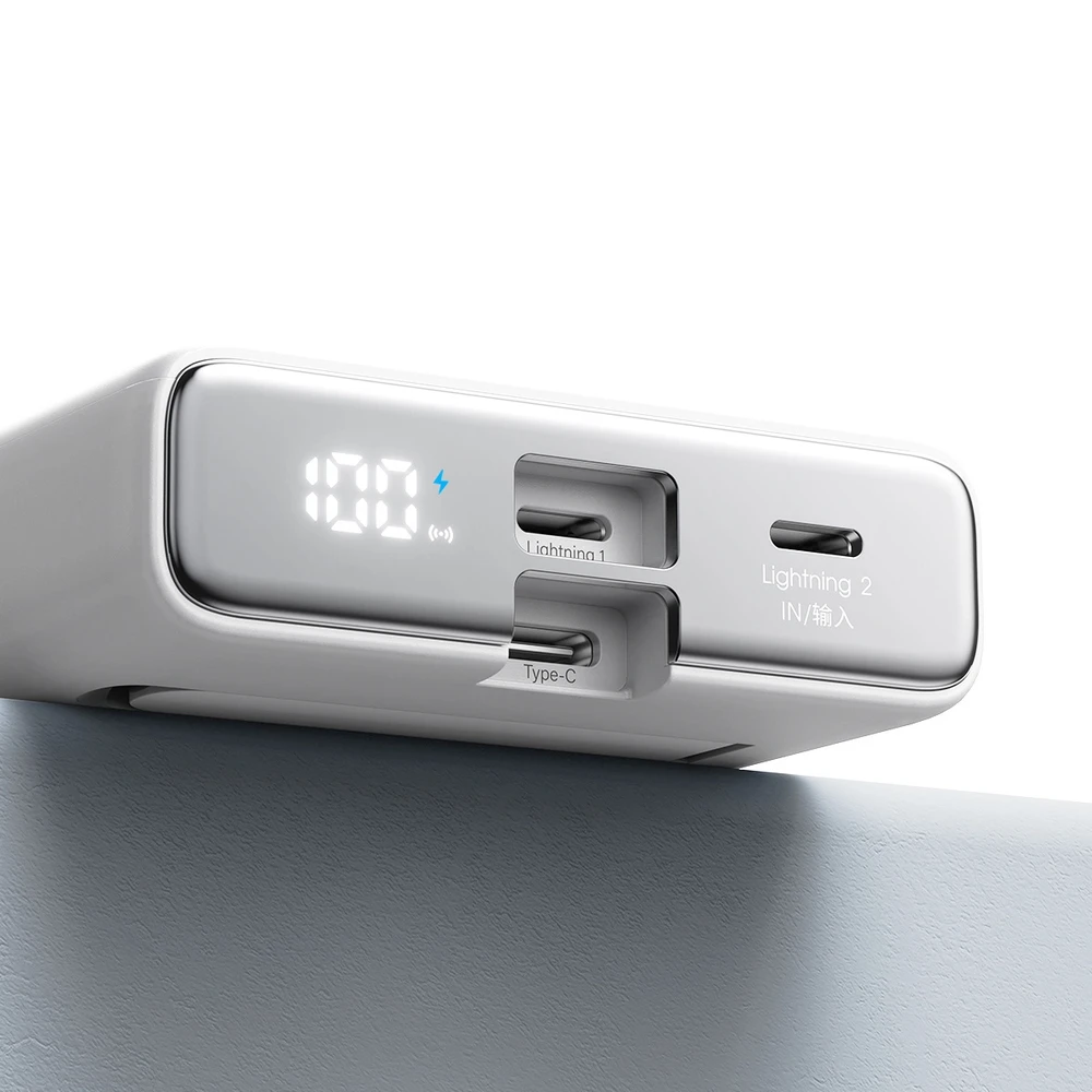 Powerbank Joyroom JR-PBM01 magnetic 10000mAh 20W su stoveliu + Lightning kabelis - USB-C - baltos spalvos