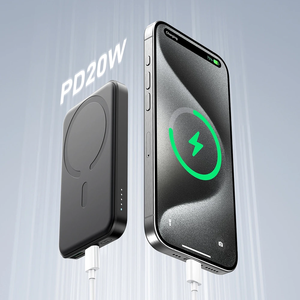 Powerbank Joyroom JR-W020 Mini 5000mAh USB-A USB-C inductive 20W – juodos spalvos + USB-C / USB-C cable