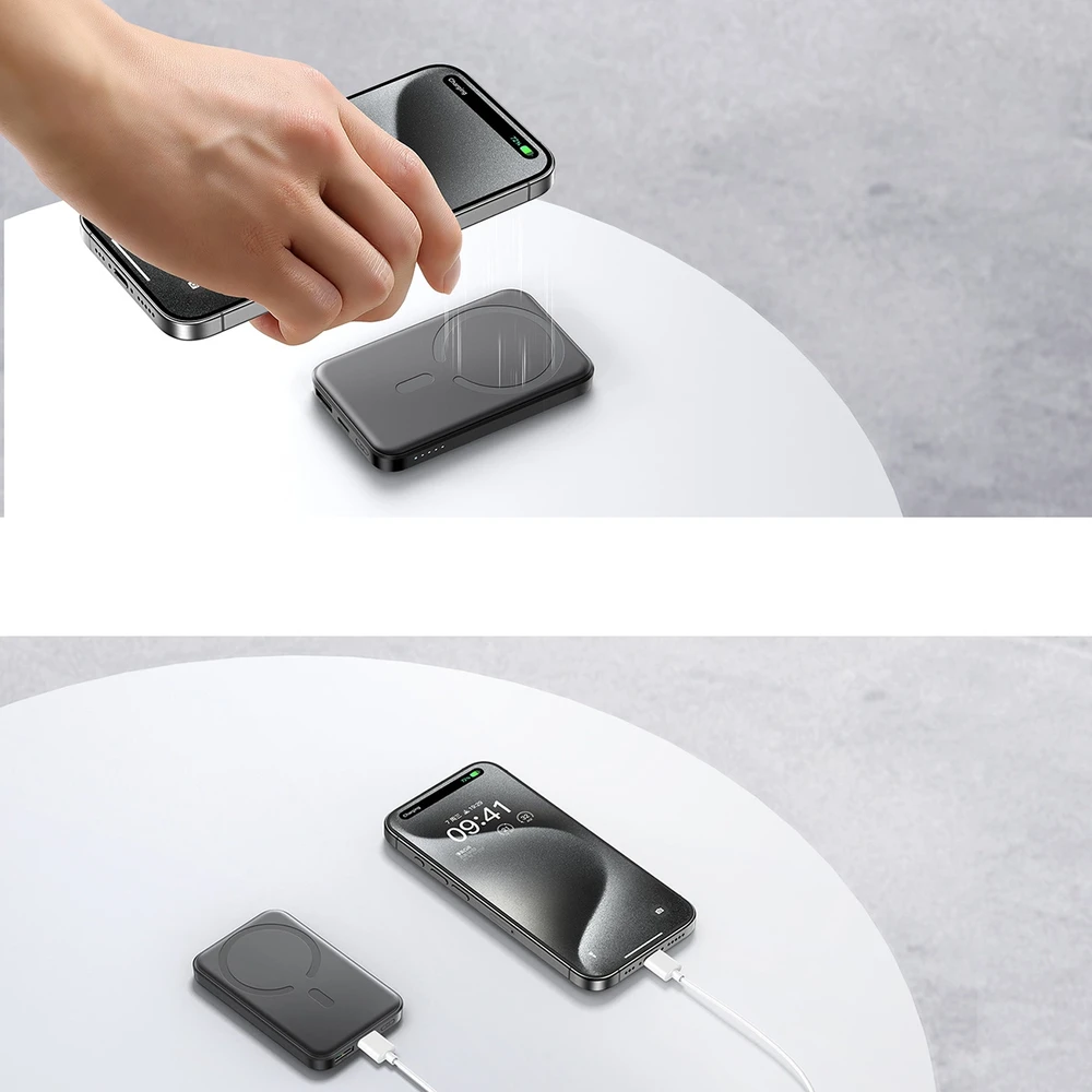 Powerbank Joyroom JR-W020 Mini 5000mAh USB-A USB-C inductive 20W – juodos spalvos + USB-C / USB-C cable