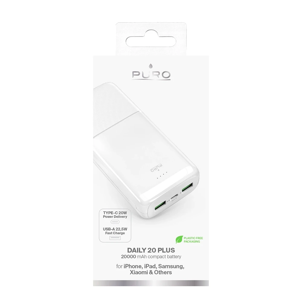 Powerbank Puro DAILY 20 PLUS 20000mAh 2x USB-A / 1x USB-C 22,5W PD AFC - balta