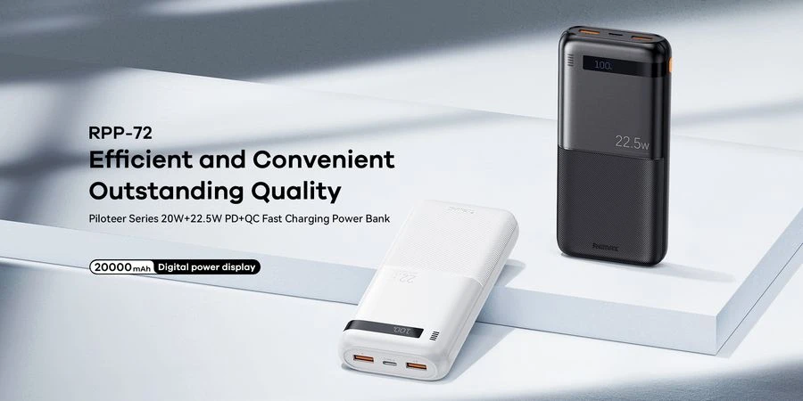 Greito įkrovimo išorinė baterija (Powerbank) REMAX RPP-72 20000mAh 22.5W QC + 20W PD, juoda