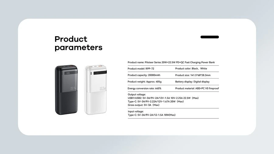 Greito įkrovimo išorinė baterija (Powerbank) REMAX RPP-72 20000mAh 22.5W QC + 20W PD, juoda