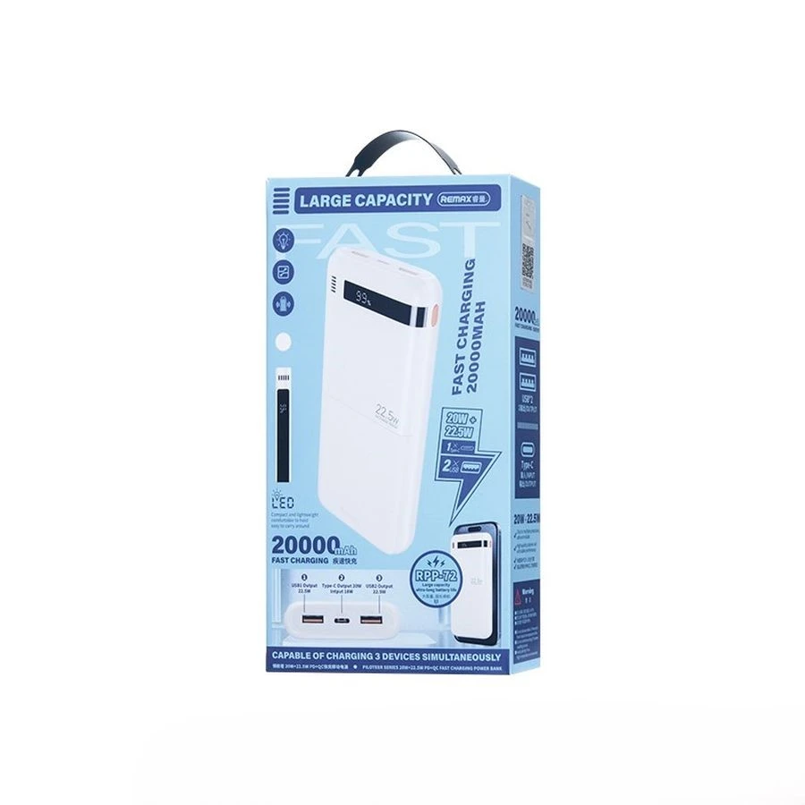 Greito įkrovimo išorinė baterija (Powerbank) REMAX RPP-72 20000mAh 22.5W QC + 20W PD, juoda