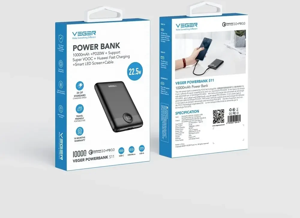 Išorinė baterija POWER BANK VEGER S11 10000mAh (Type-C; MicroUSB; 22.5W) juoda